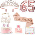 Awfrky 65th Birthday Decorations for Women – Rose Gold Crown, Sash, Cake Topper & Balloons Set