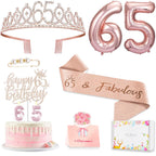 Awfrky 65th Birthday Decorations for Women – Rose Gold Crown, Sash, Cake Topper & Balloons Set