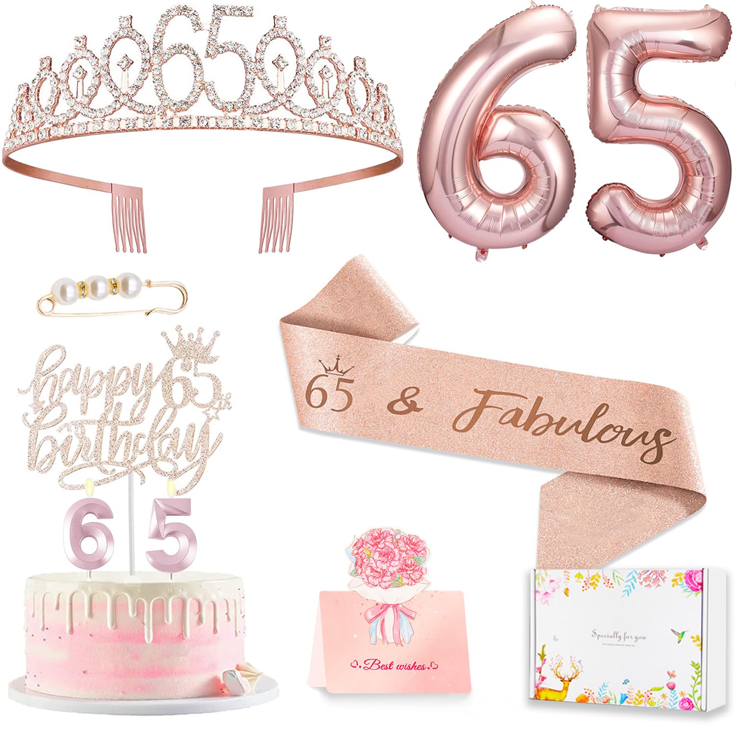 Awfrky 65th Birthday Decorations for Women – Rose Gold Crown, Sash, Cake Topper & Balloons Set