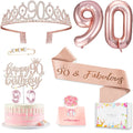 Awfrky 90th Birthday Decorations for Women – Rose Gold Crown, Sash, Cake Topper & Balloons