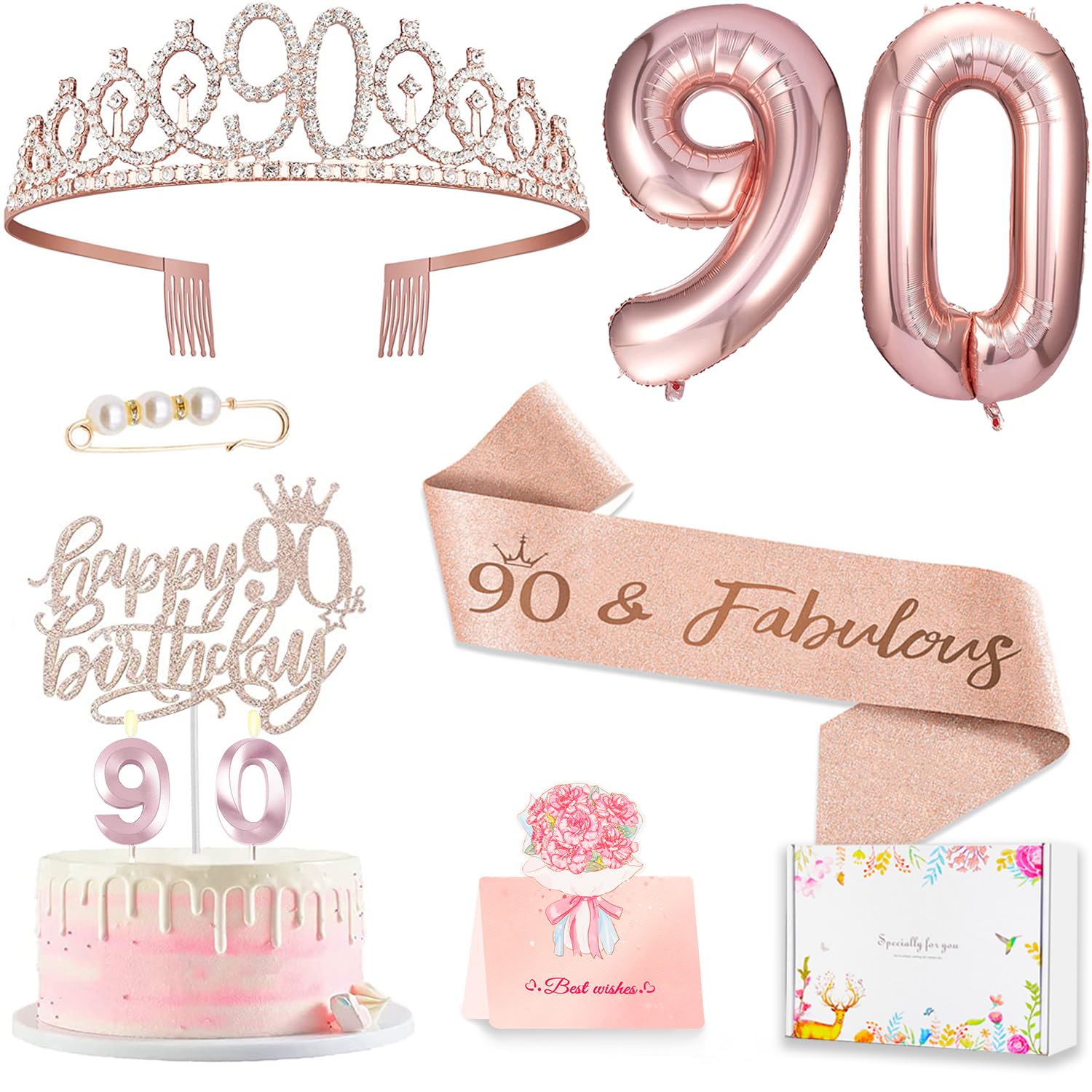 Awfrky 90th Birthday Decorations for Women – Rose Gold Crown, Sash, Cake Topper & Balloons