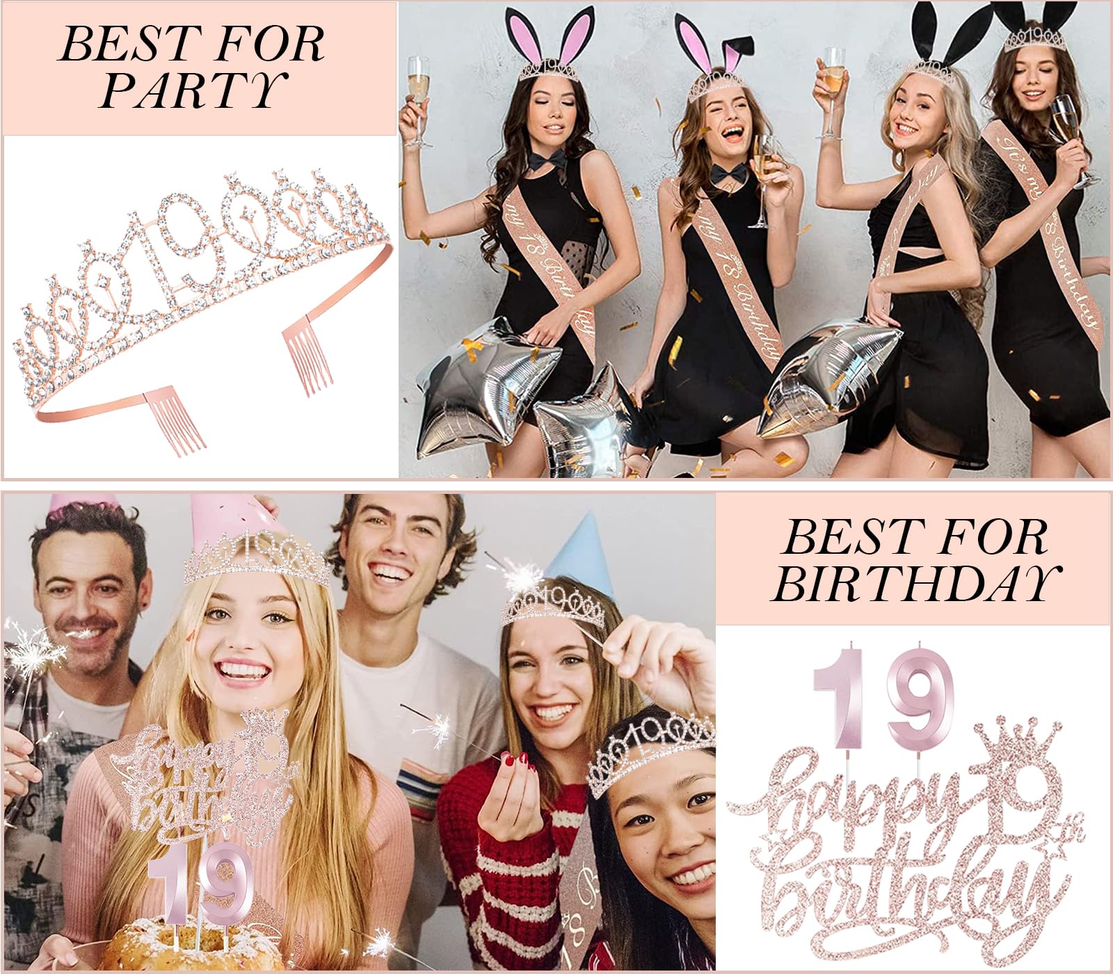 Awfrky 19th Birthday Decorations for Girls – Crown, Sash, Cake Topper, Balloons & Candles