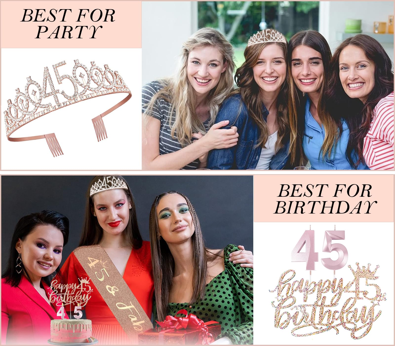 Awfrky 45th Birthday Decorations for Women – Rose Gold Tiara, Sash, Cake Topper & Balloons