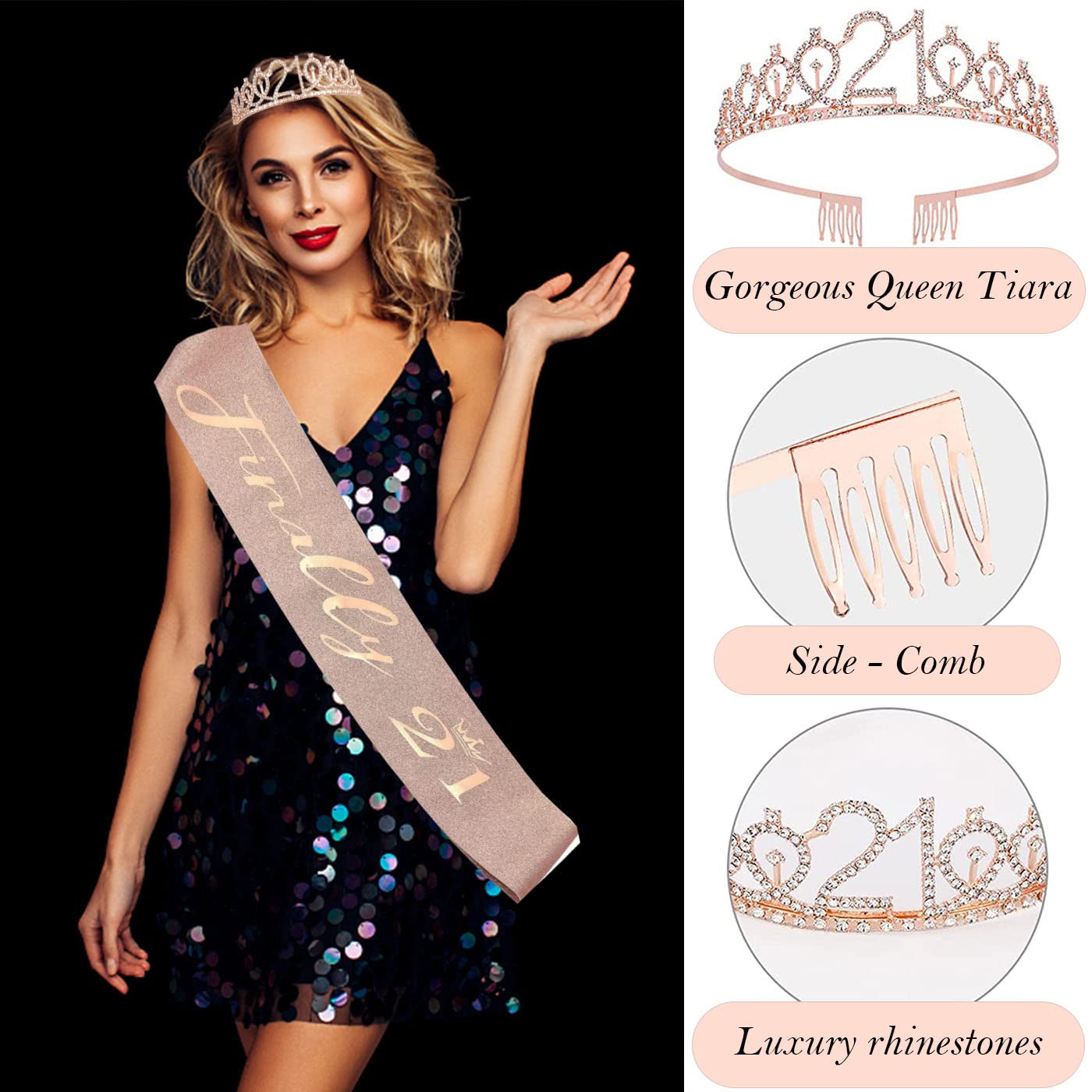 Awfrky 21st Birthday Decorations for Her – Rose Gold Tiara, Sash, Cake Topper & Balloons