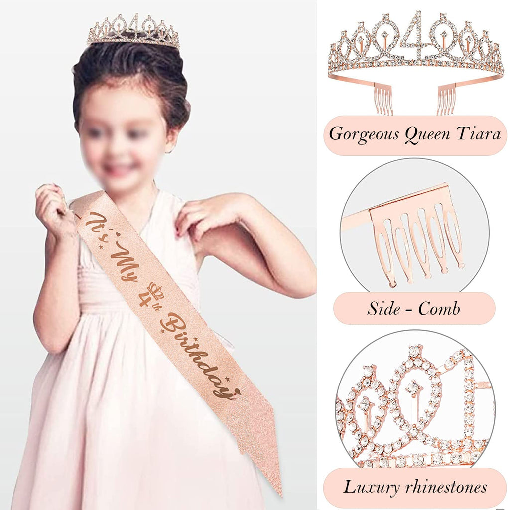Awfrky 4th Birthday Decorations for Girls – Rose Gold Crown, Sash, Cake Topper & Balloons