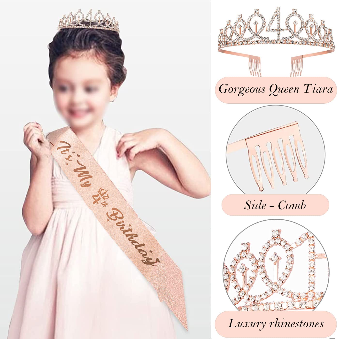 Awfrky 4th Birthday Decorations for Girls – Rose Gold Crown, Sash, Cake Topper & Balloons