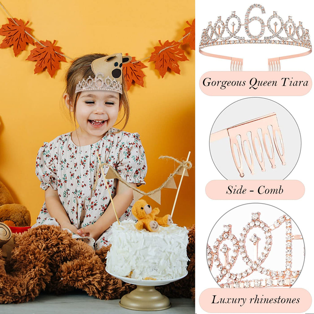 Awfrky 6th Birthday Decorations for Girls — Rose Gold Tiara, Sash, Cake Topper & Balloons