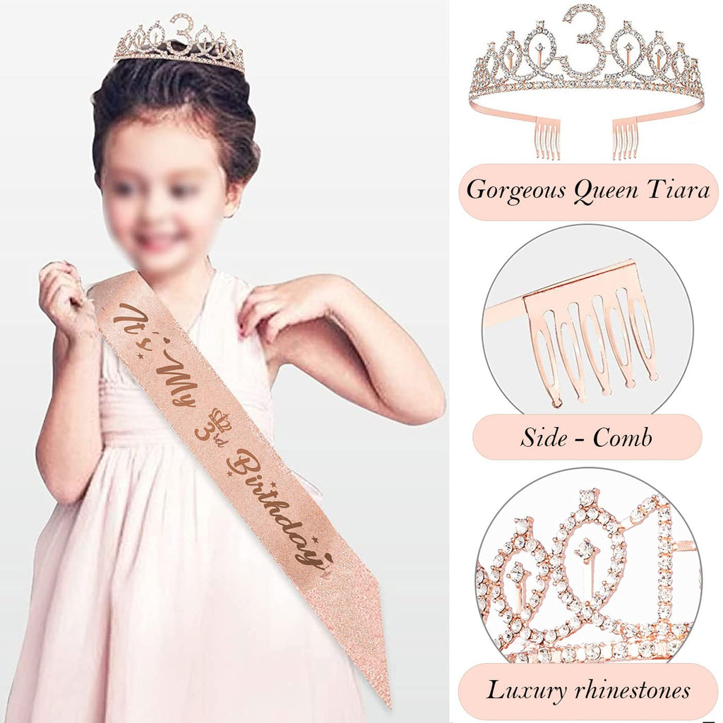Awfrky Rose Gold 3rd Birthday Decorations for Girls – Tiara, Sash, Cake Topper & Balloons