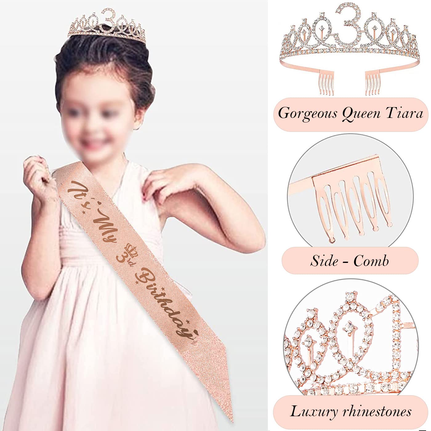 Awfrky Rose Gold 3rd Birthday Decorations for Girls – Tiara, Sash, Cake Topper & Balloons