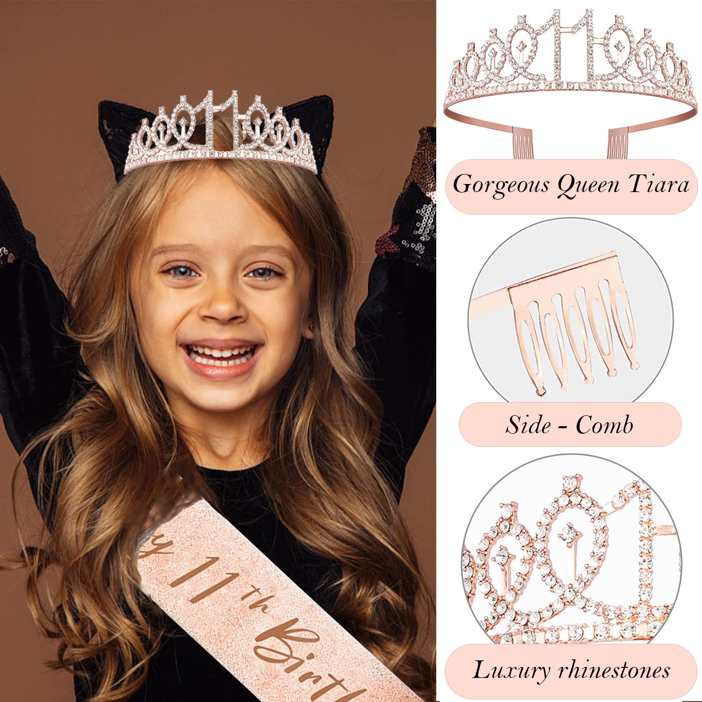Awfrky 11th Birthday Decorations for Girls – Crown, Sash, Cake Topper, Candles & Balloons