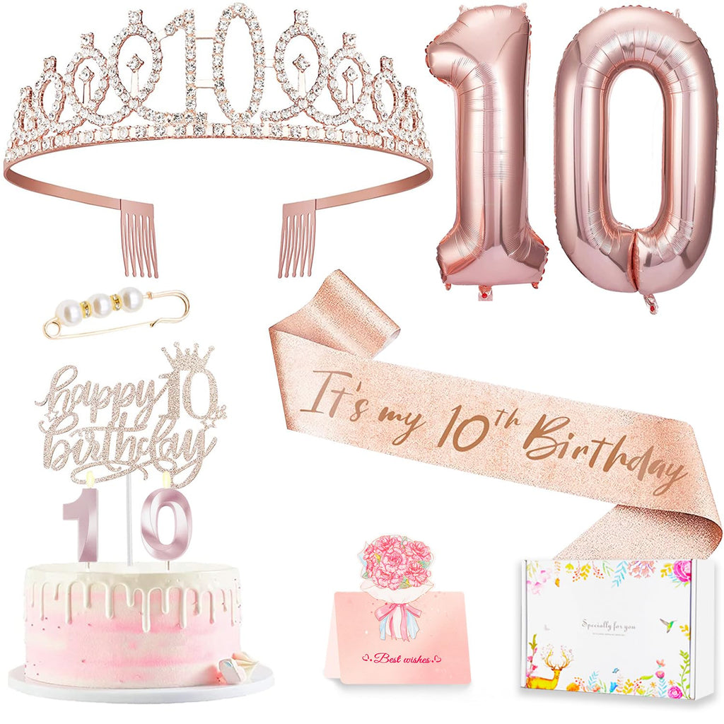 Awfrky 10th Birthday Decorations for Girls – Crown, Sash, Cake Topper, Candles & Balloons