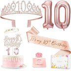 Awfrky 10th Birthday Decorations for Girls – Crown, Sash, Cake Topper, Candles & Balloons