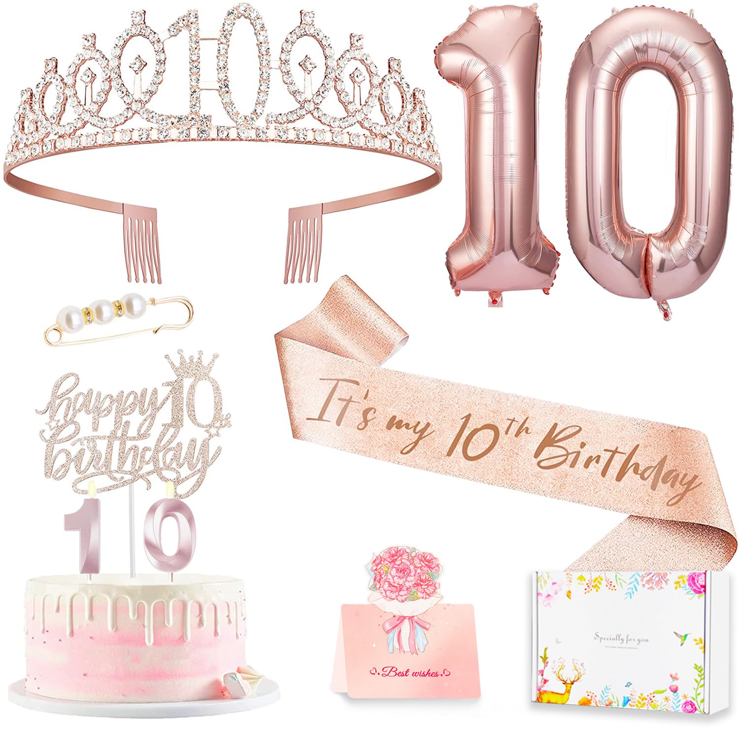 Awfrky 10th Birthday Decorations for Girls – Crown, Sash, Cake Topper, Candles & Balloons