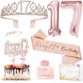 Awfrky 17th Birthday Decorations for Girls – Sash, Crown, Cake Topper, Candles & Balloons