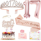 Awfrky 17th Birthday Decorations for Girls – Sash, Crown, Cake Topper, Candles & Balloons