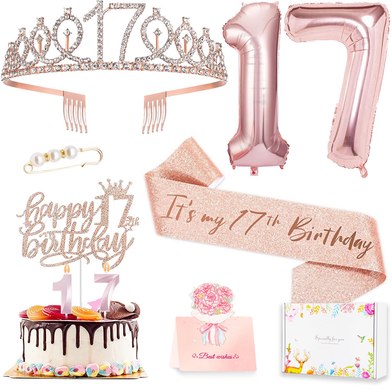 Awfrky 17th Birthday Decorations for Girls – Sash, Crown, Cake Topper, Candles & Balloons