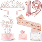 Awfrky 19th Birthday Decorations for Girls – Crown, Sash, Cake Topper, Balloons & Candles