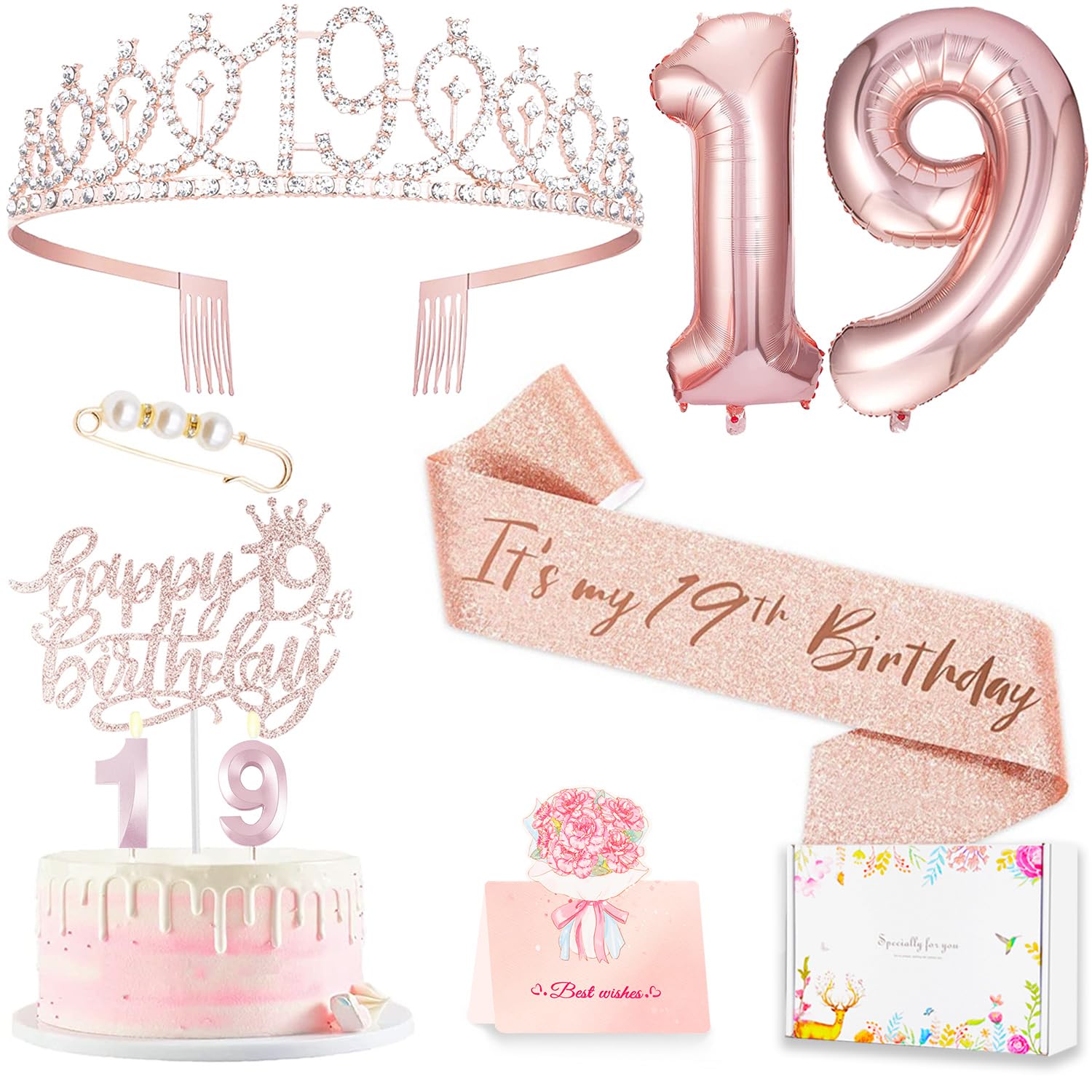 Awfrky 19th Birthday Decorations for Girls – Crown, Sash, Cake Topper, Balloons & Candles