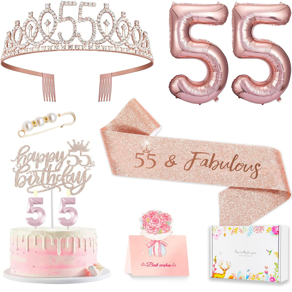 Awfrky 55th Birthday Decorations for Women – Crown, Sash, Cake Topper, Candles & Balloons