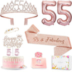 Awfrky 55th Birthday Decorations for Women – Crown, Sash, Cake Topper, Candles & Balloons