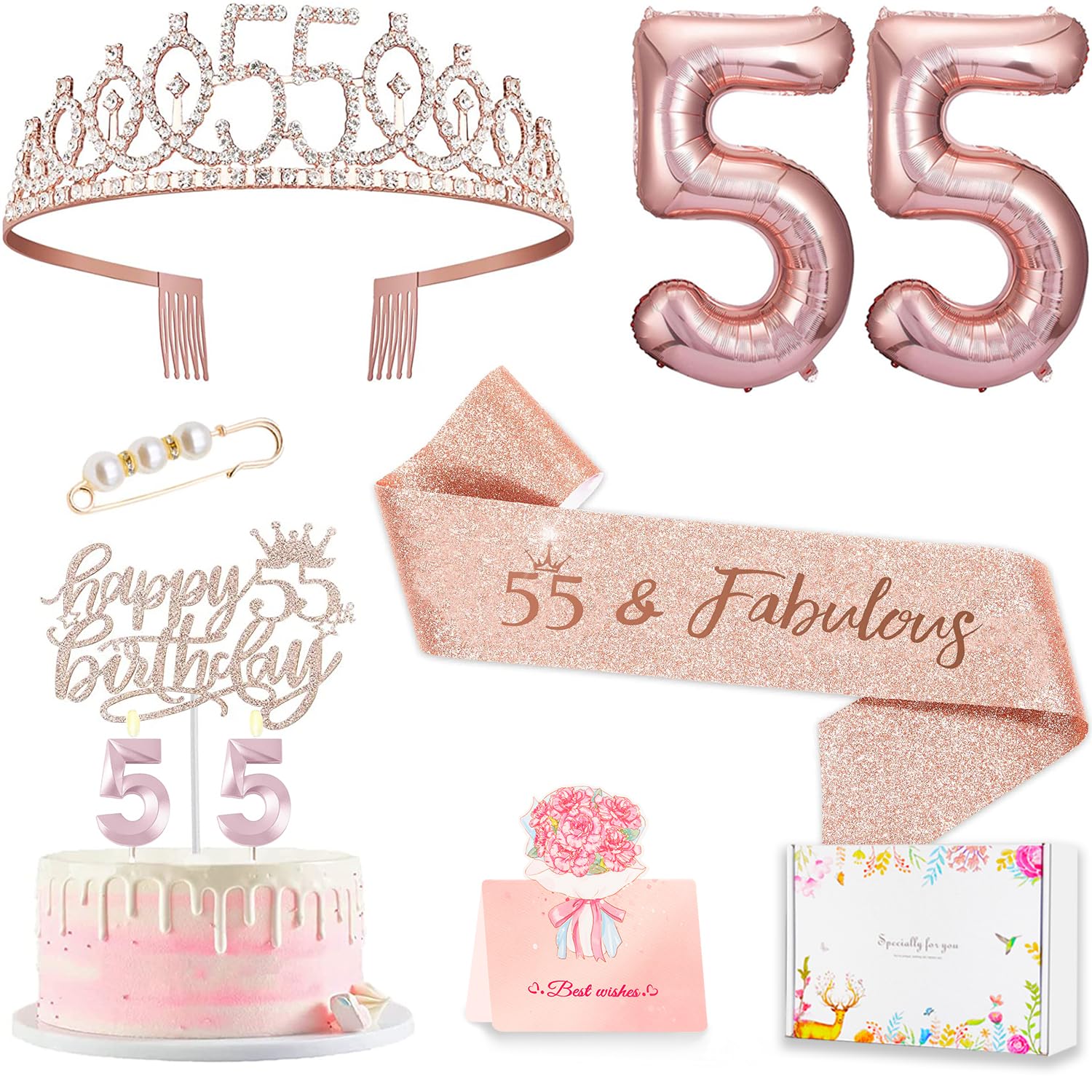Awfrky 55th Birthday Decorations for Women – Crown, Sash, Cake Topper, Candles & Balloons