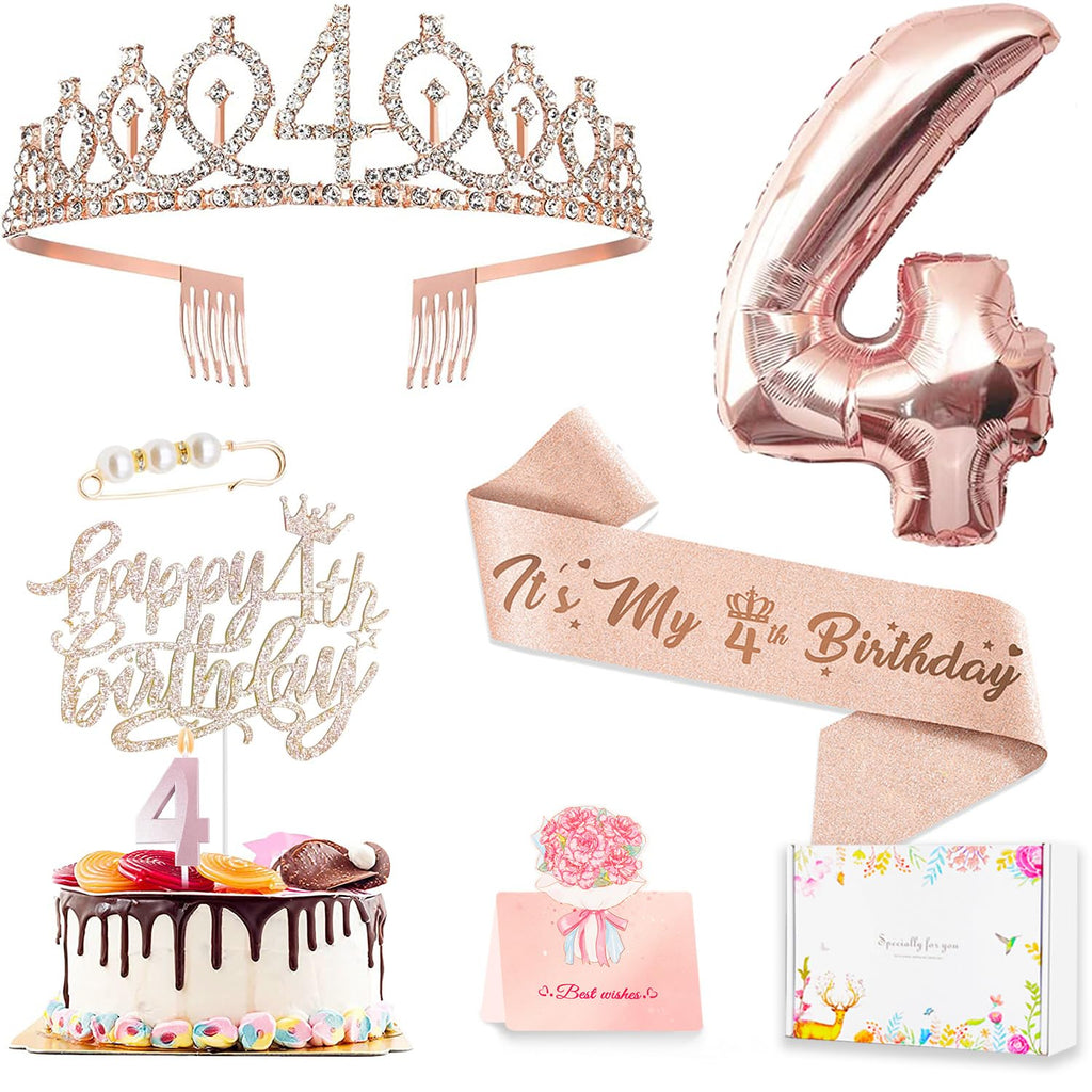 Awfrky 4th Birthday Decorations for Girls – Rose Gold Crown, Sash, Cake Topper & Balloons