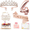 Awfrky 4th Birthday Decorations for Girls – Rose Gold Crown, Sash, Cake Topper & Balloons