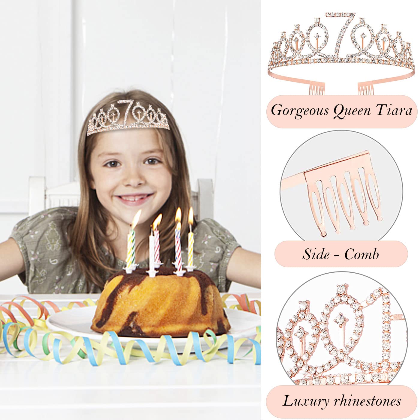 Awfrky 7th Birthday Decorations for Girls — Rose Gold Tiara, Sash, Cake Topper & Balloons