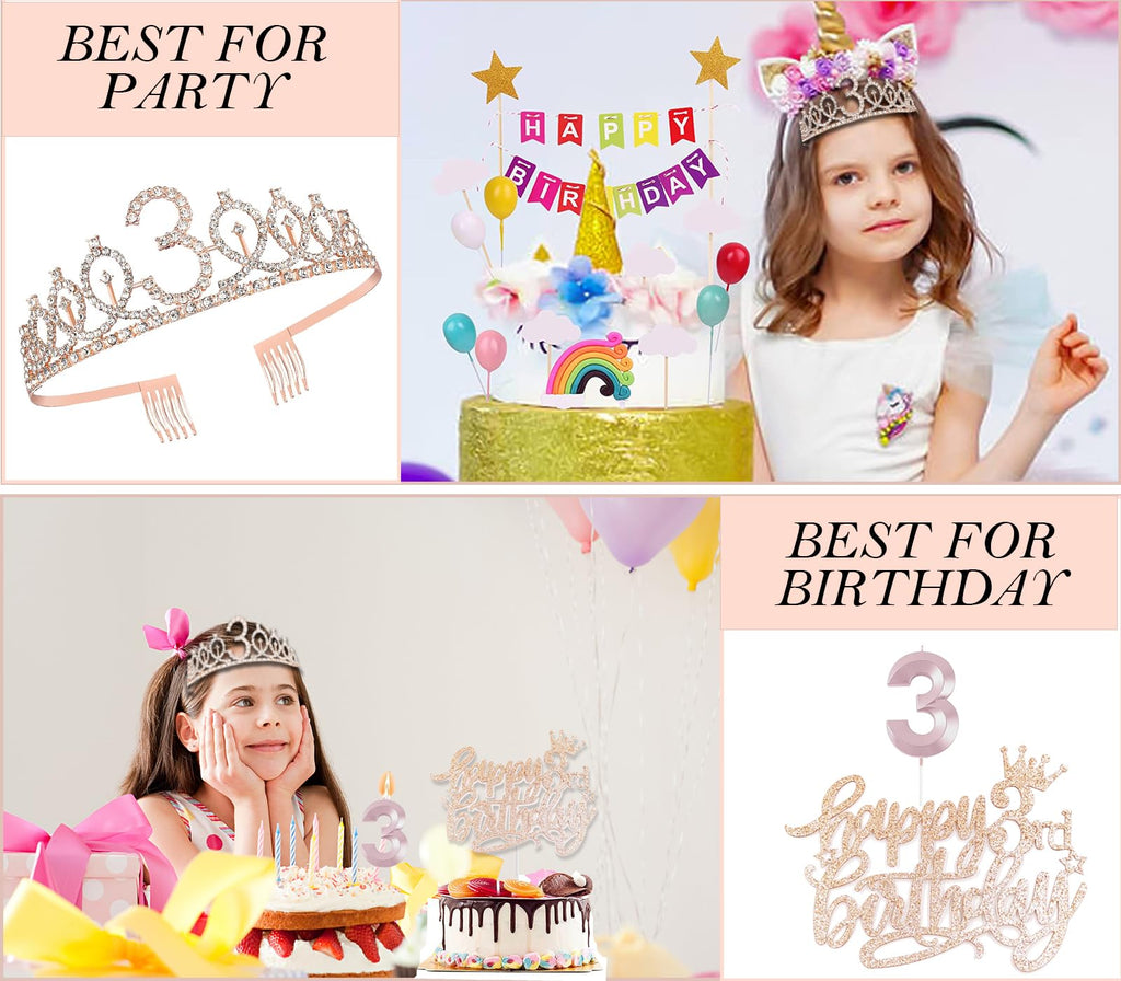 Awfrky Rose Gold 3rd Birthday Decorations for Girls – Tiara, Sash, Cake Topper & Balloons