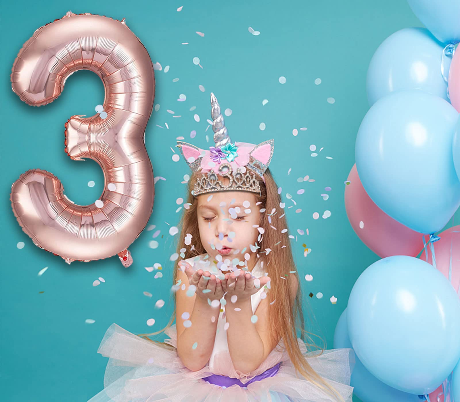 Awfrky Rose Gold 3rd Birthday Decorations for Girls – Tiara, Sash, Cake Topper & Balloons