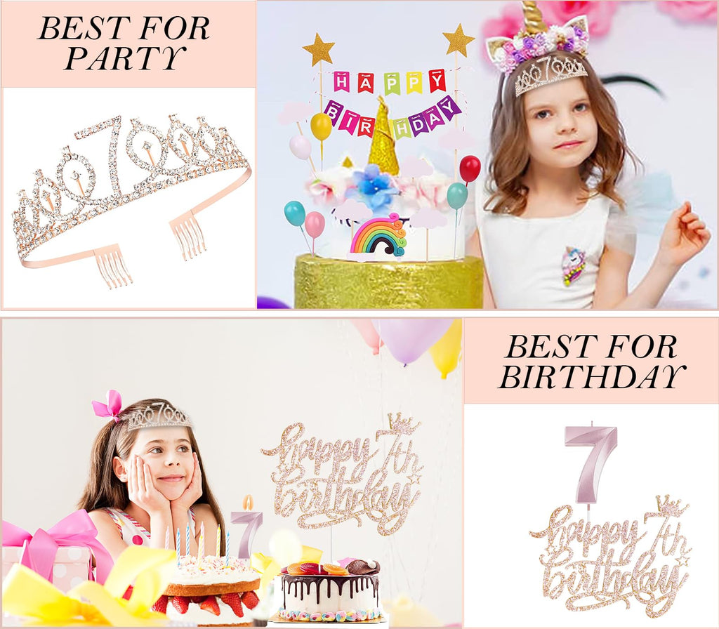 Awfrky 7th Birthday Decorations for Girls — Rose Gold Tiara, Sash, Cake Topper & Balloons