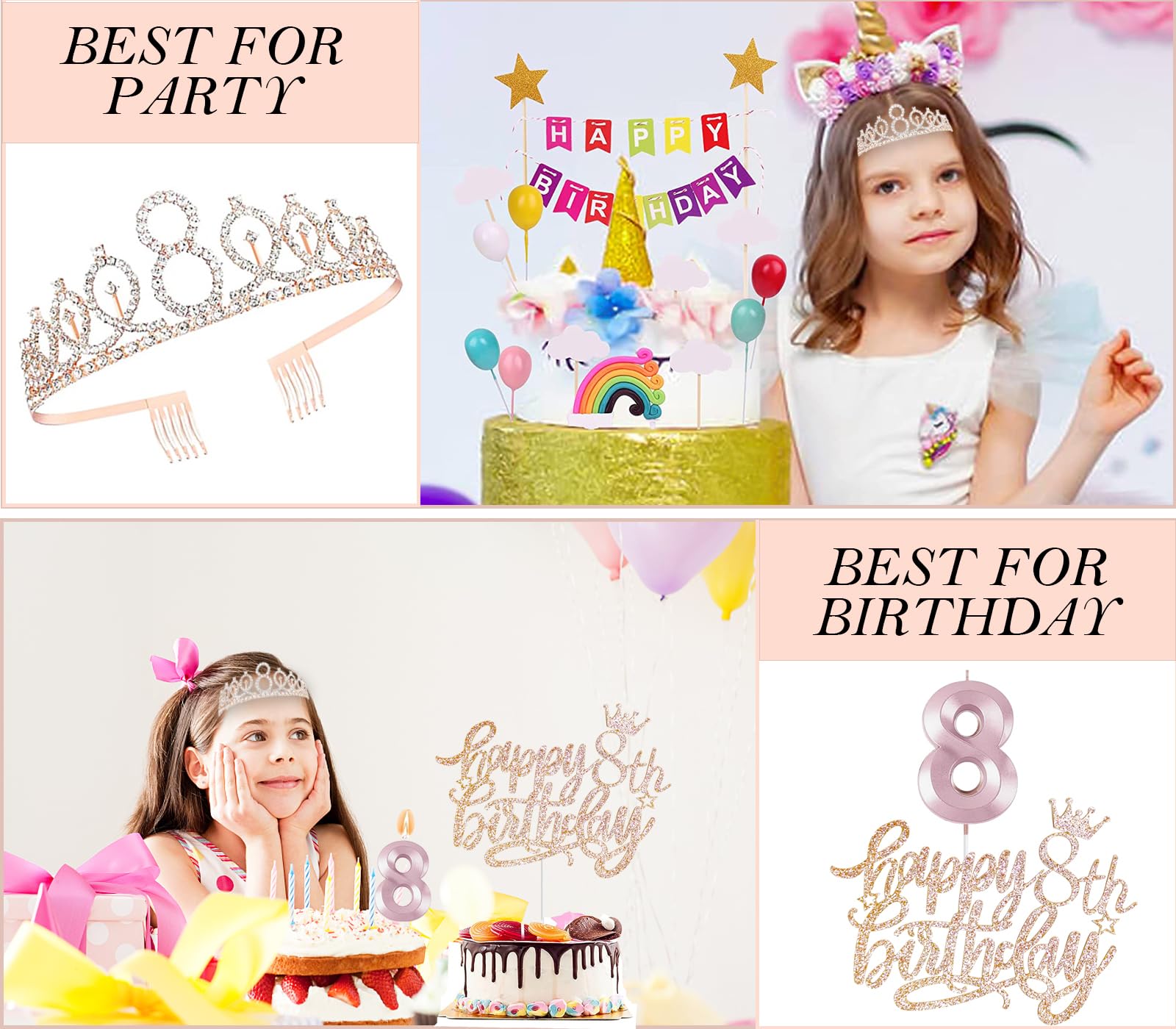 Awfrky 8th Birthday Decorations for Girls - Rose Gold Crown, Sash, Cake Topper, Candles & Balloons