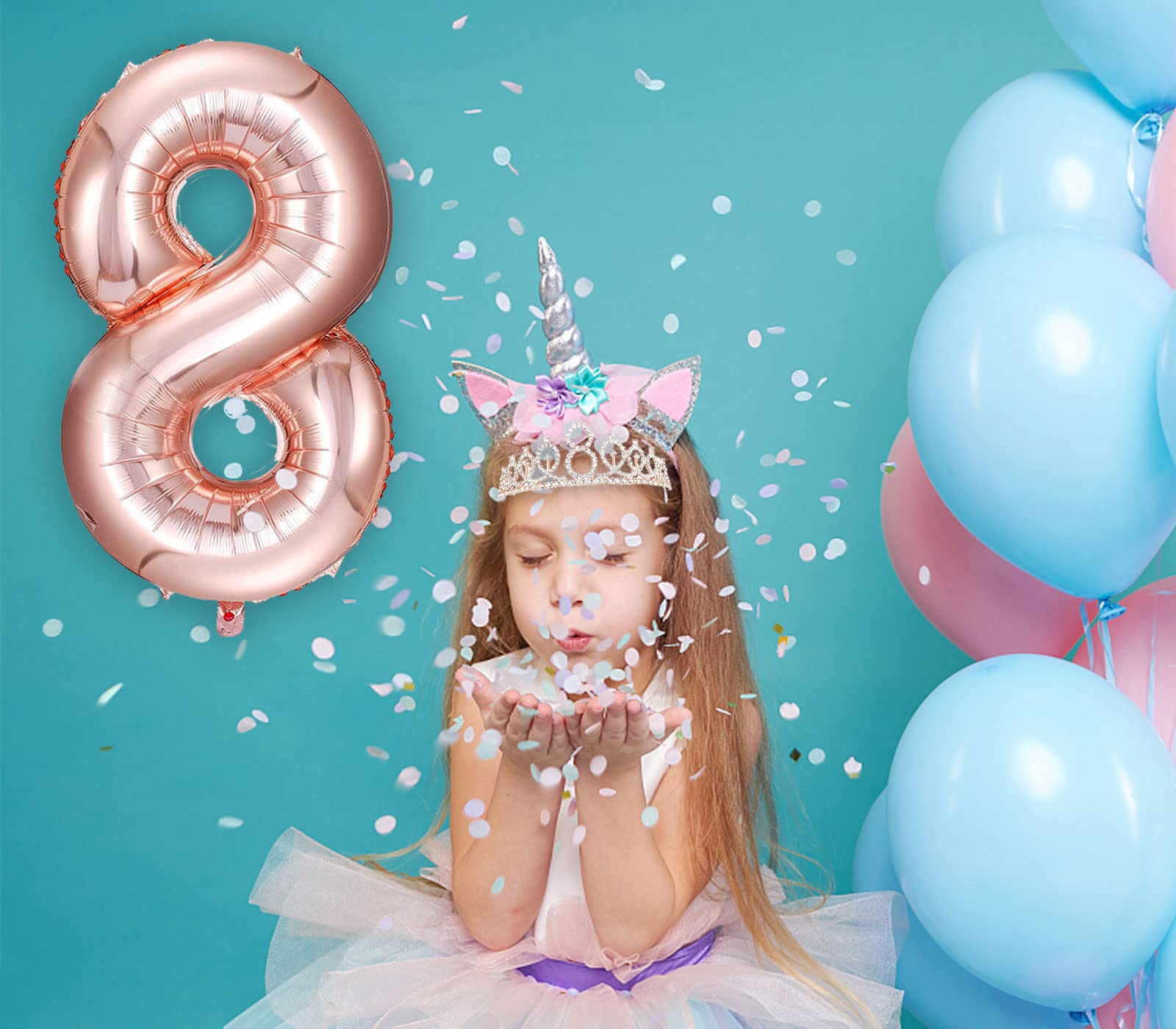 Awfrky 8th Birthday Decorations for Girls - Rose Gold Crown, Sash, Cake Topper, Candles & Balloons