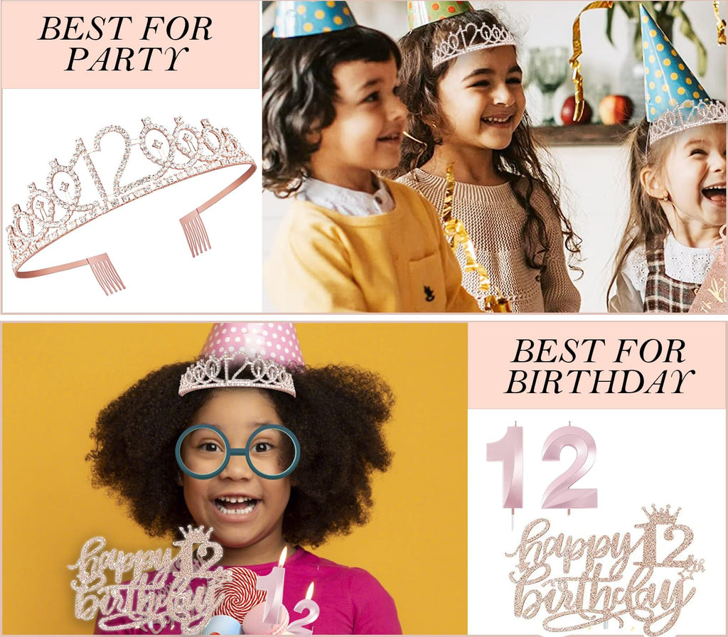 Awfrky 12th Birthday Decorations for Girls – Rose Gold Crown, Sash, Topper & Balloons