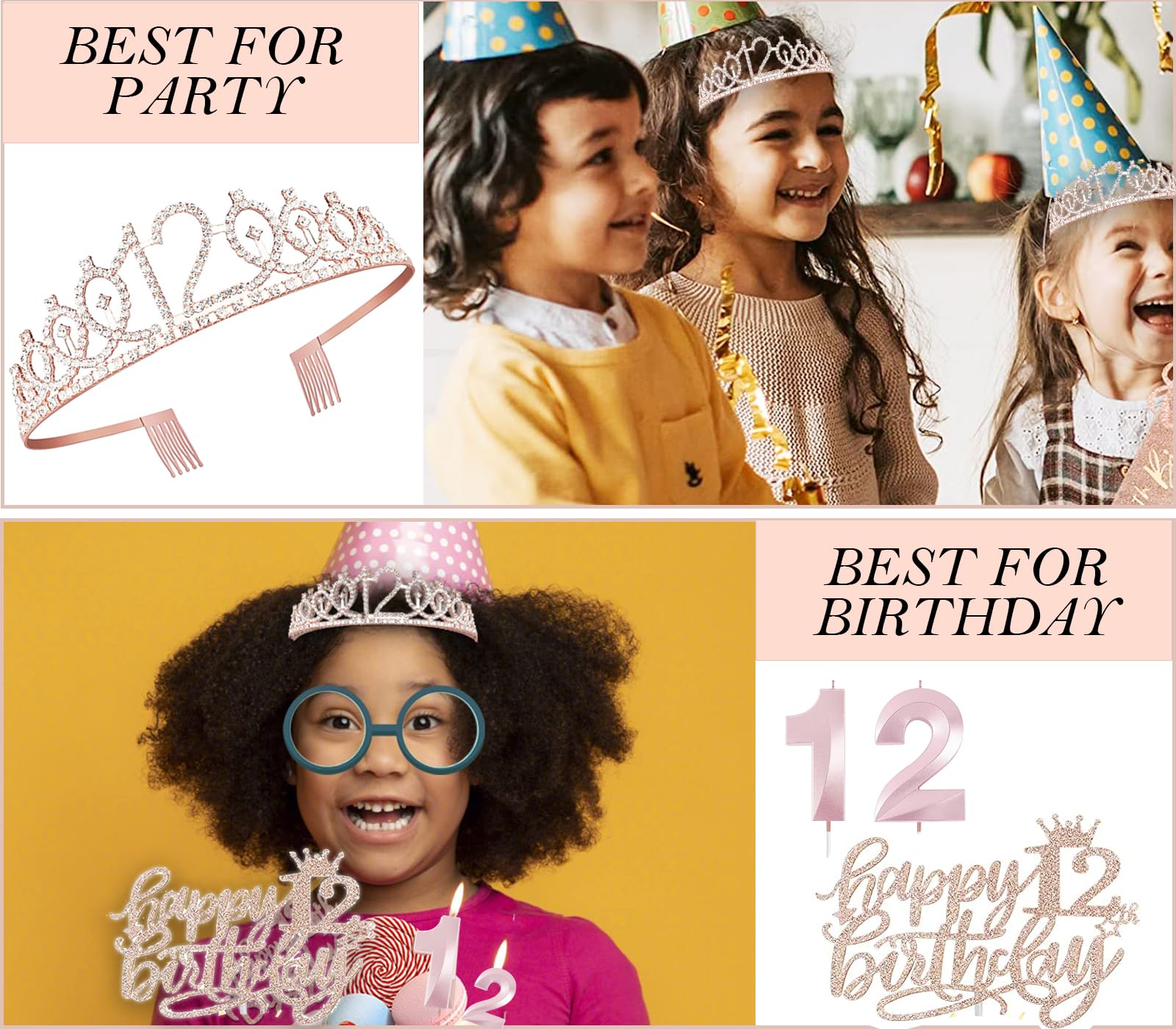 Awfrky 12th Birthday Decorations for Girls – Rose Gold Crown, Sash, Topper & Balloons