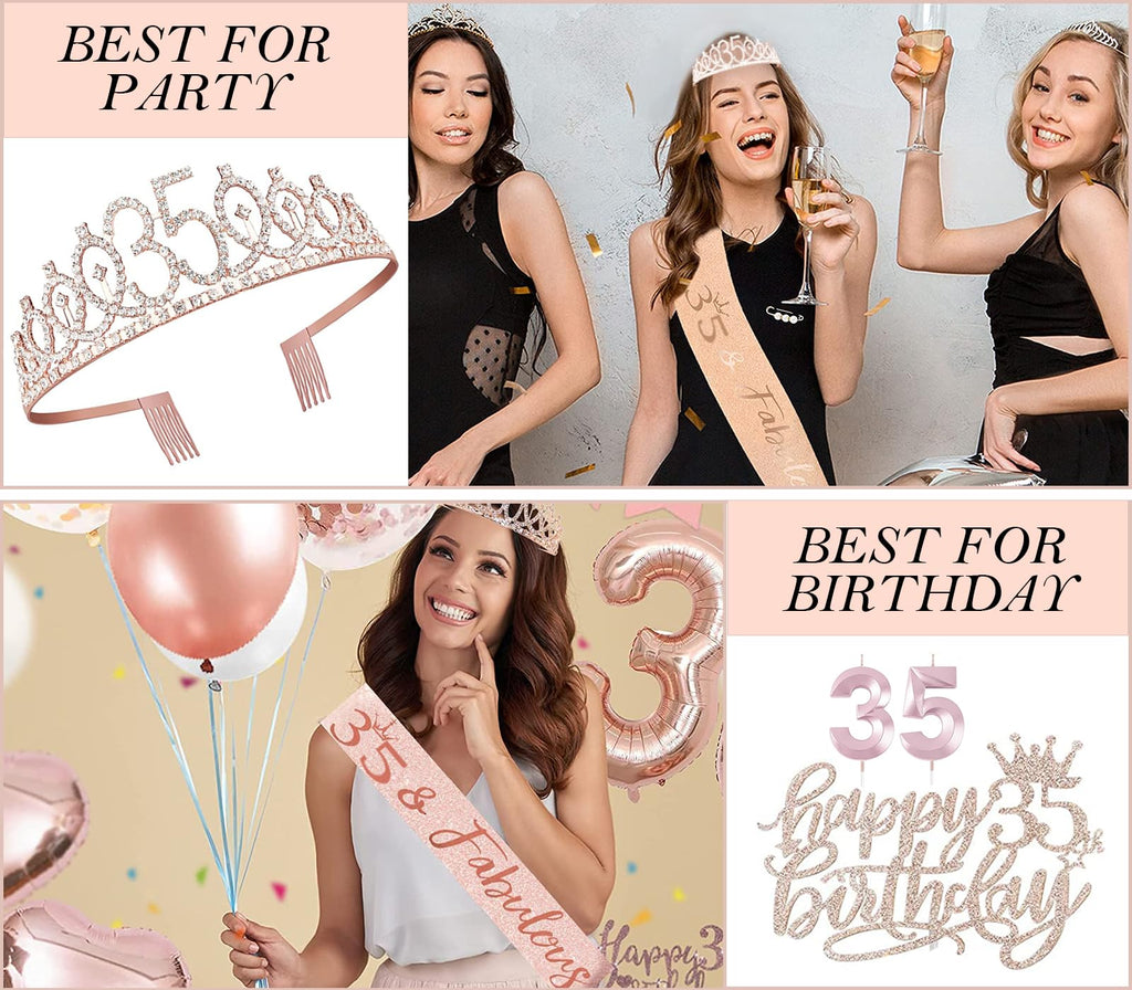Awfrky 35th Birthday Decorations for Women – Rose Gold Crown, Sash, Cake Topper, Candles & Balloons