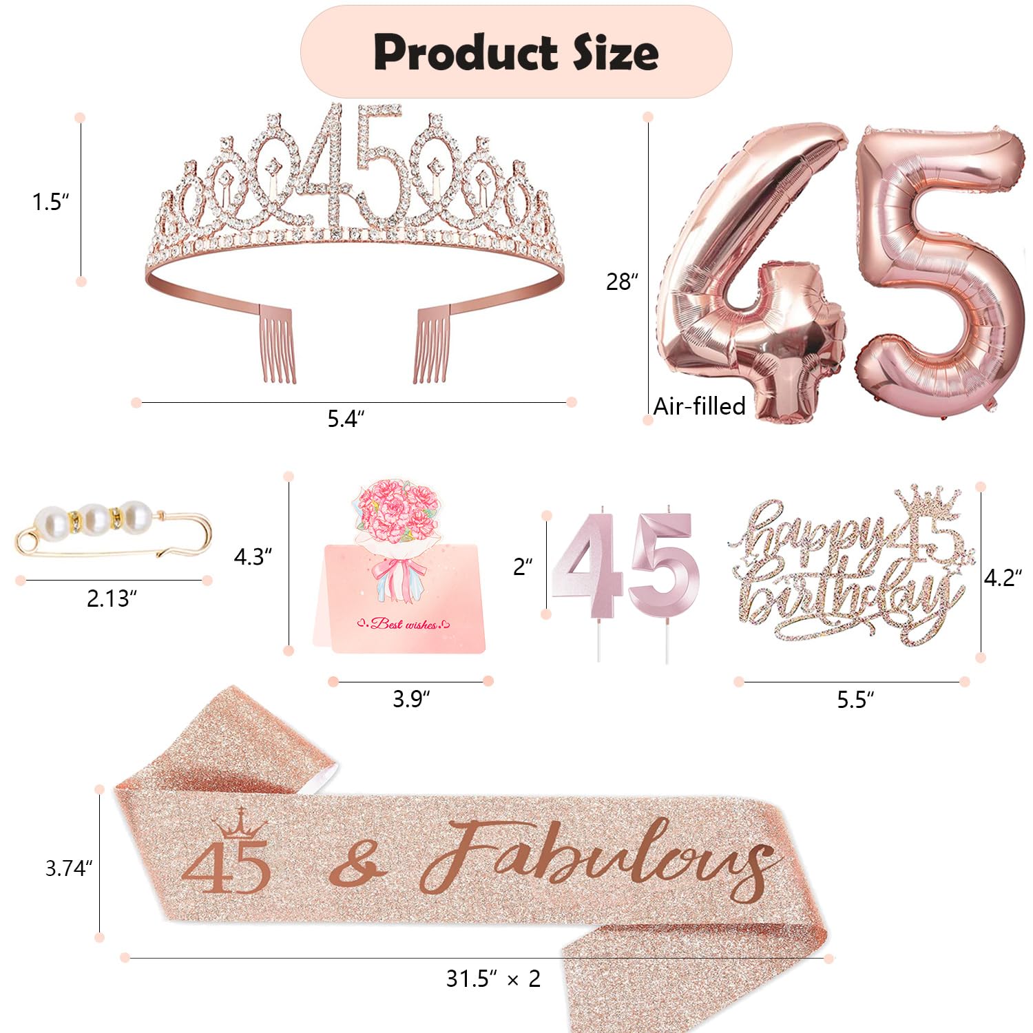 Awfrky 45th Birthday Decorations for Women – Rose Gold Tiara, Sash, Cake Topper & Balloons