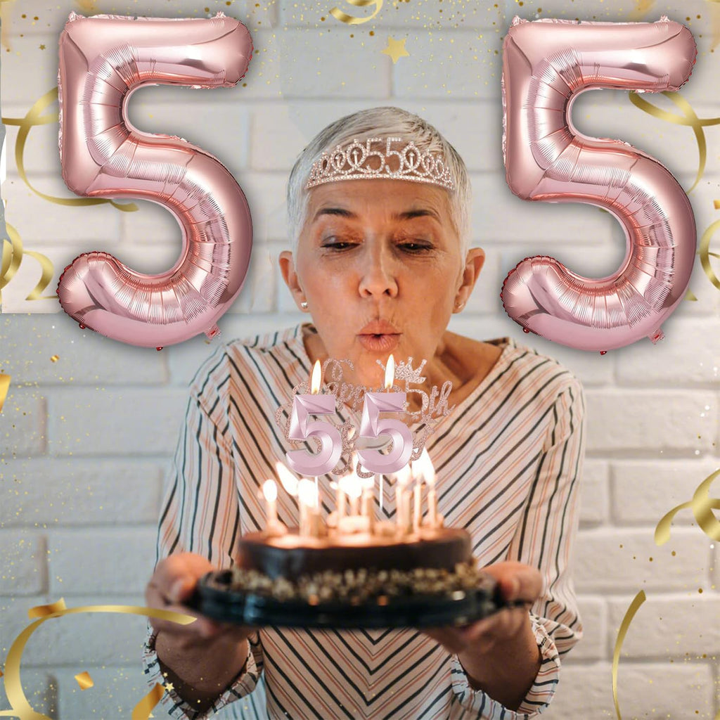 Awfrky 55th Birthday Decorations for Women – Crown, Sash, Cake Topper, Candles & Balloons