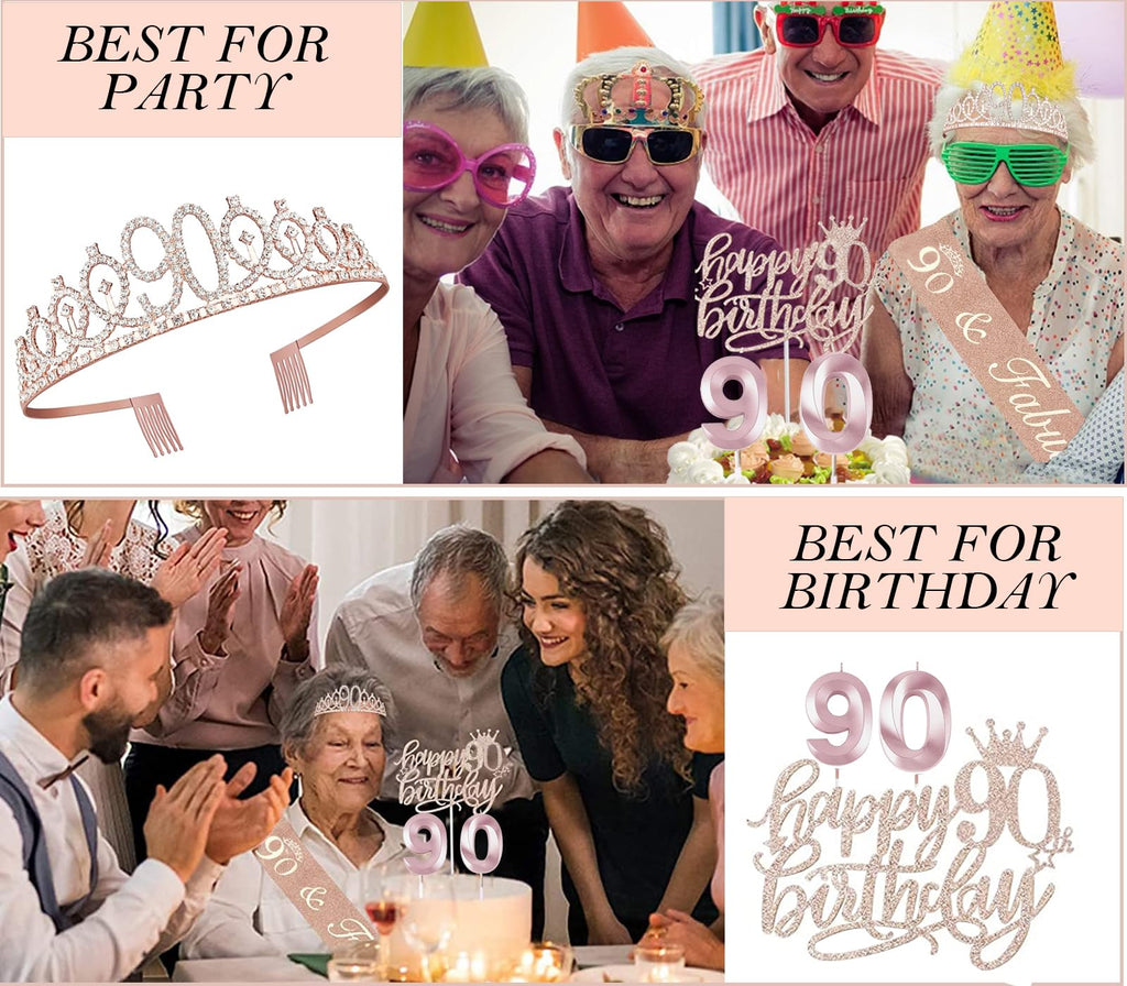 Awfrky 90th Birthday Decorations for Women – Rose Gold Crown, Sash, Cake Topper & Balloons