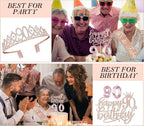 Awfrky 90th Birthday Decorations for Women – Rose Gold Crown, Sash, Cake Topper & Balloons