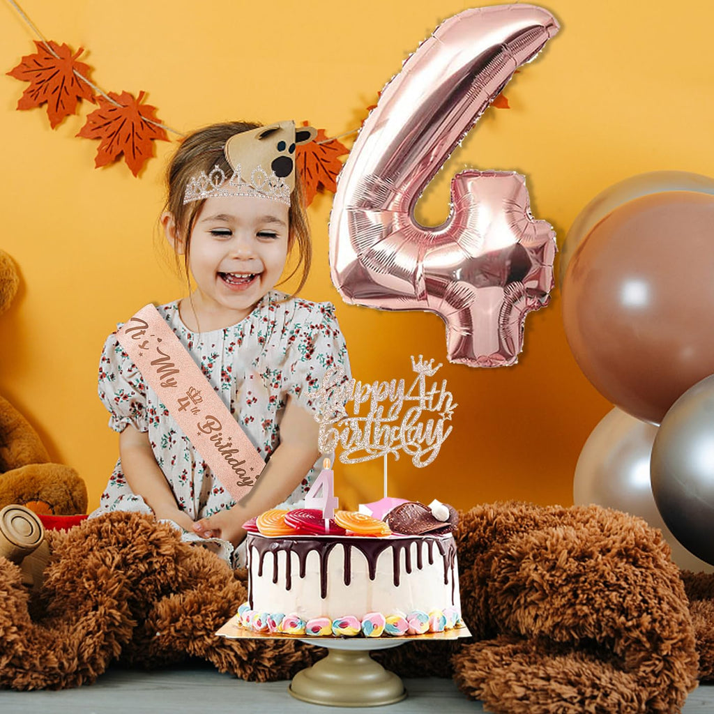 Awfrky 4th Birthday Decorations for Girls – Rose Gold Crown, Sash, Cake Topper & Balloons