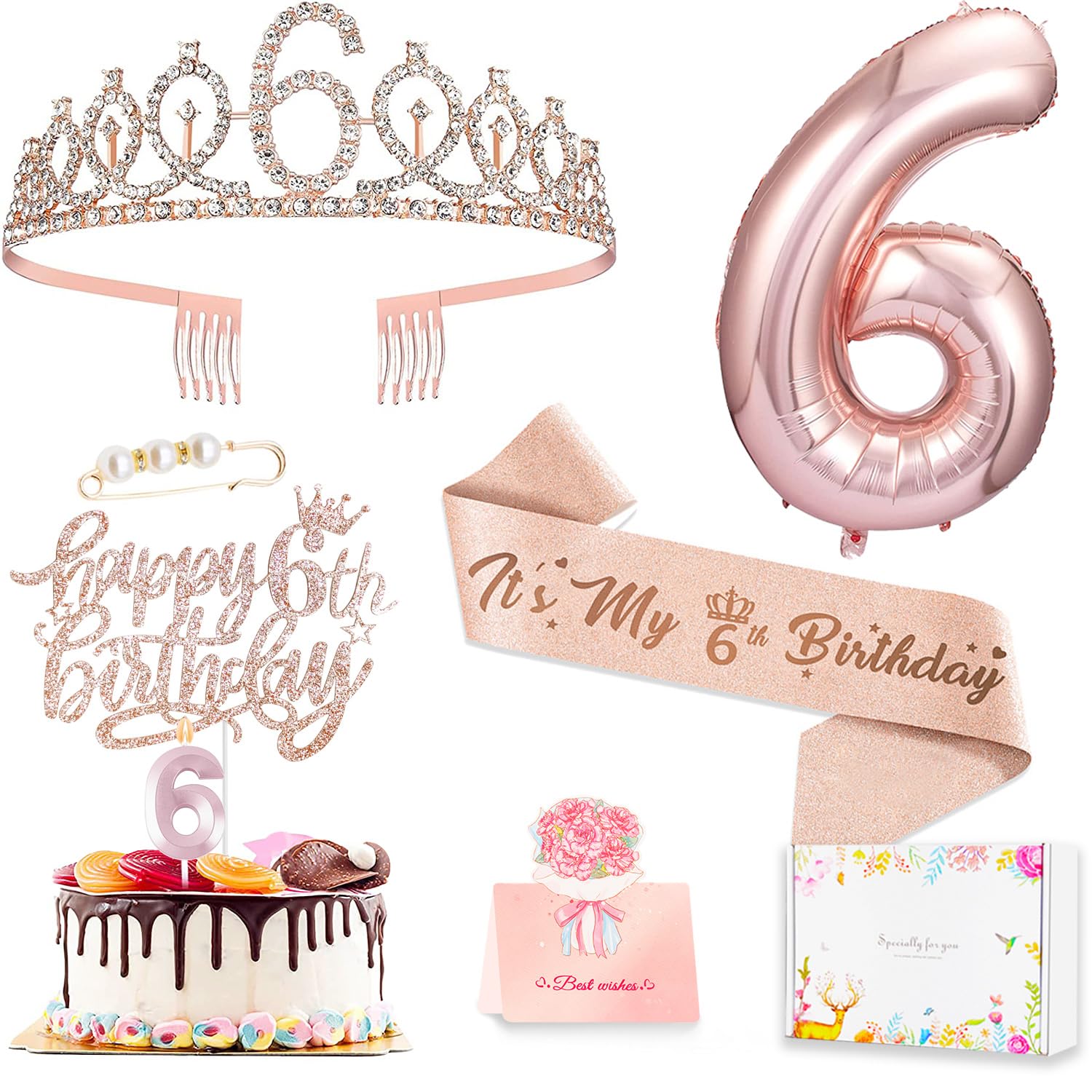 Awfrky 6th Birthday Decorations for Girls — Rose Gold Tiara, Sash, Cake Topper & Balloons