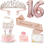 Awfrky Sweet 16 Birthday Decorations – Tiara, Sash, Cake Topper, Balloons & Candles
