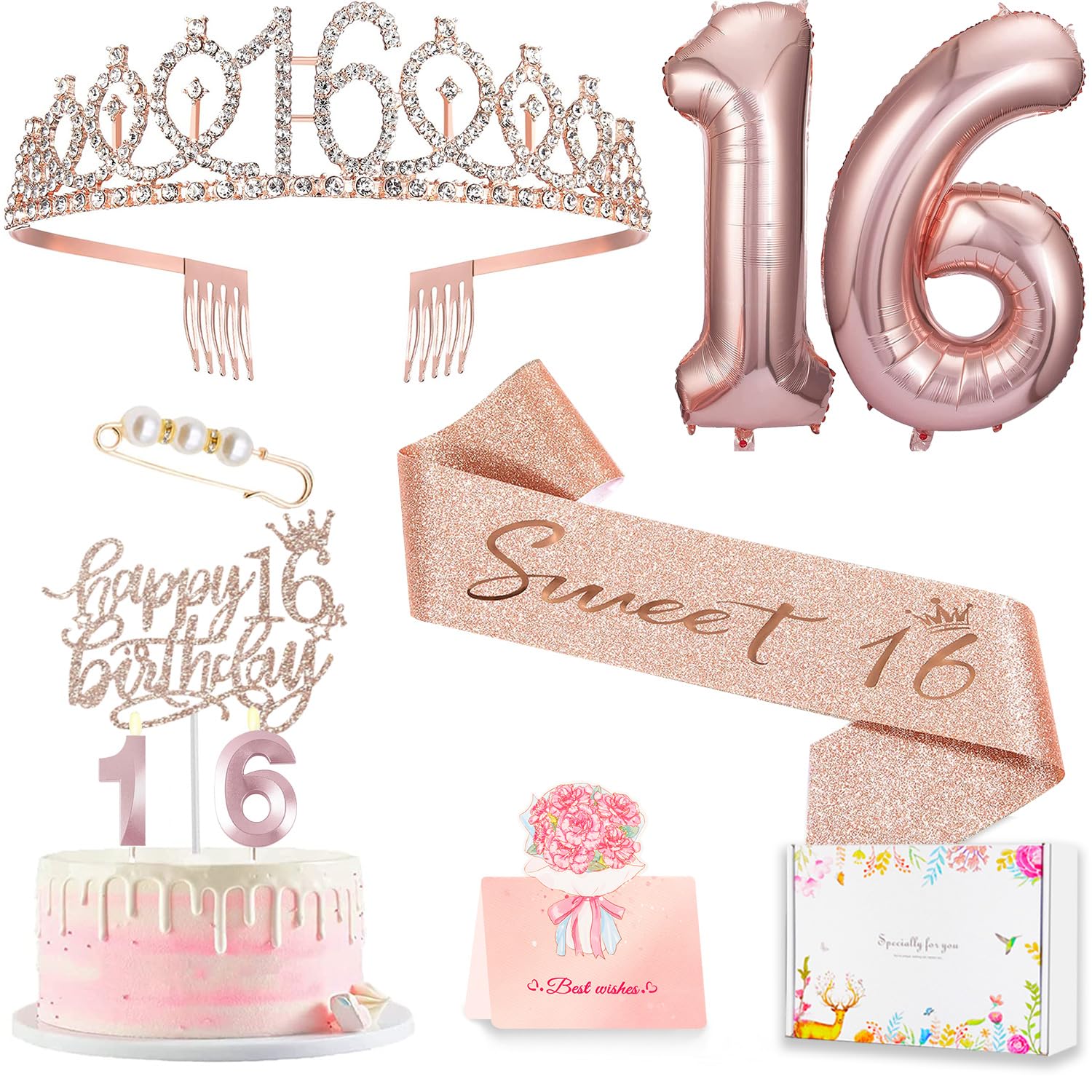 Awfrky Sweet 16 Birthday Decorations – Tiara, Sash, Cake Topper, Balloons & Candles