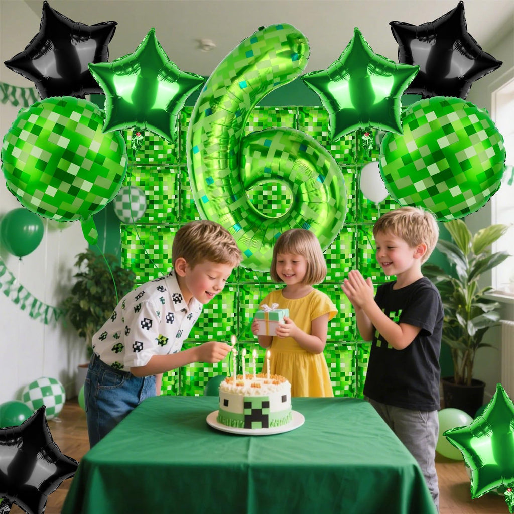 AXBMM 40 Inch Green Pixel Number 6 Balloon Set - 11pc Foil Party Balloons for 6th Birthday & Pixel Theme
