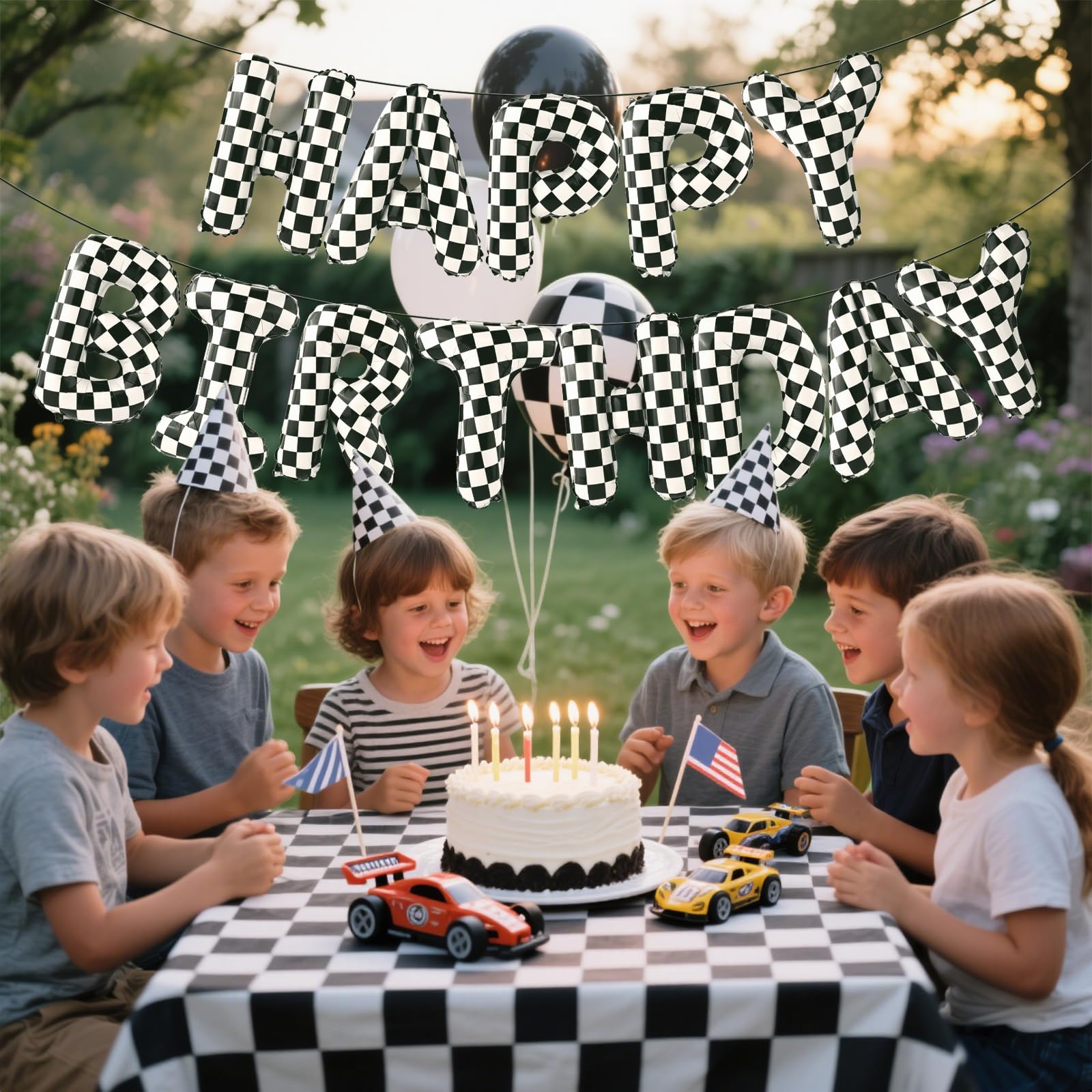 AXBMM Racing Cars Birthday Banner Kit - Checkered Backdrop & Balloons