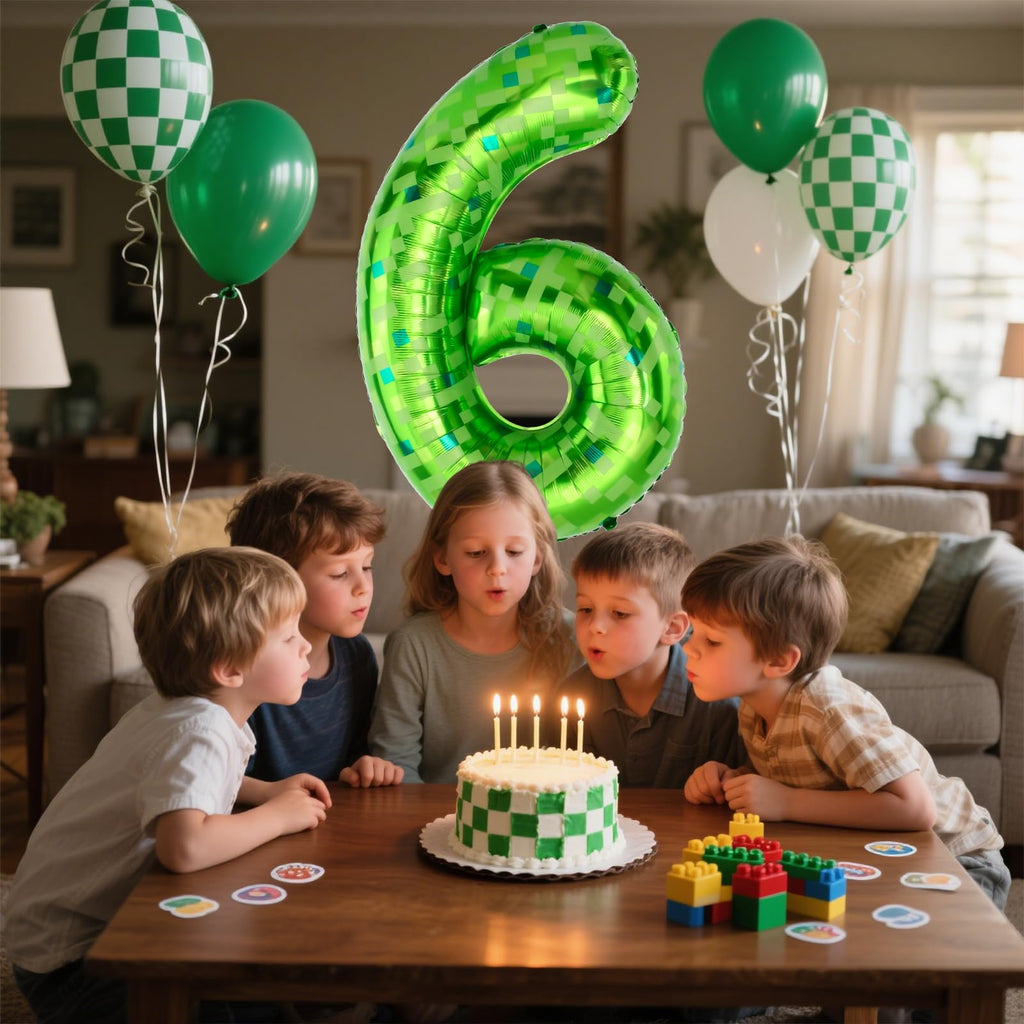 AXBMM 40-Inch Green Pixel Miner Number Balloon 6 – Giant Foil Balloons for Birthdays & Themed Mining Adventures