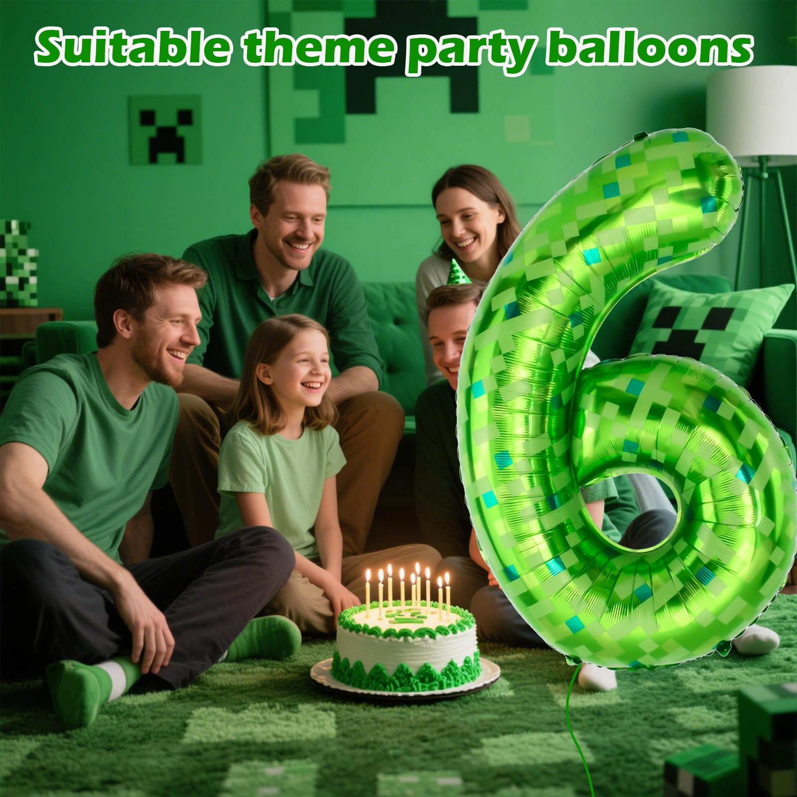AXBMM 40-Inch Green Pixel Miner Number Balloon 6 – Giant Foil Balloons for Birthdays & Themed Mining Adventures