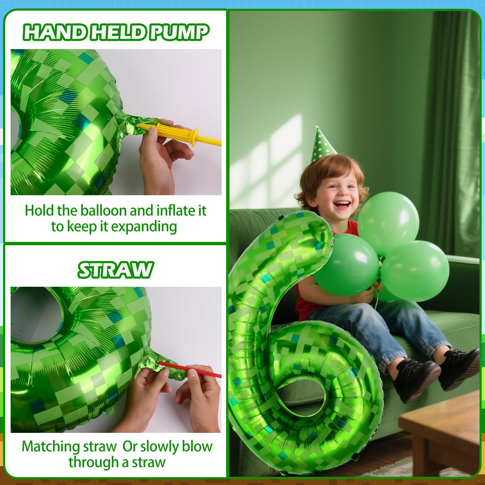 AXBMM 40-Inch Green Pixel Miner Number Balloon 6 – Giant Foil Balloons for Birthdays & Themed Mining Adventures