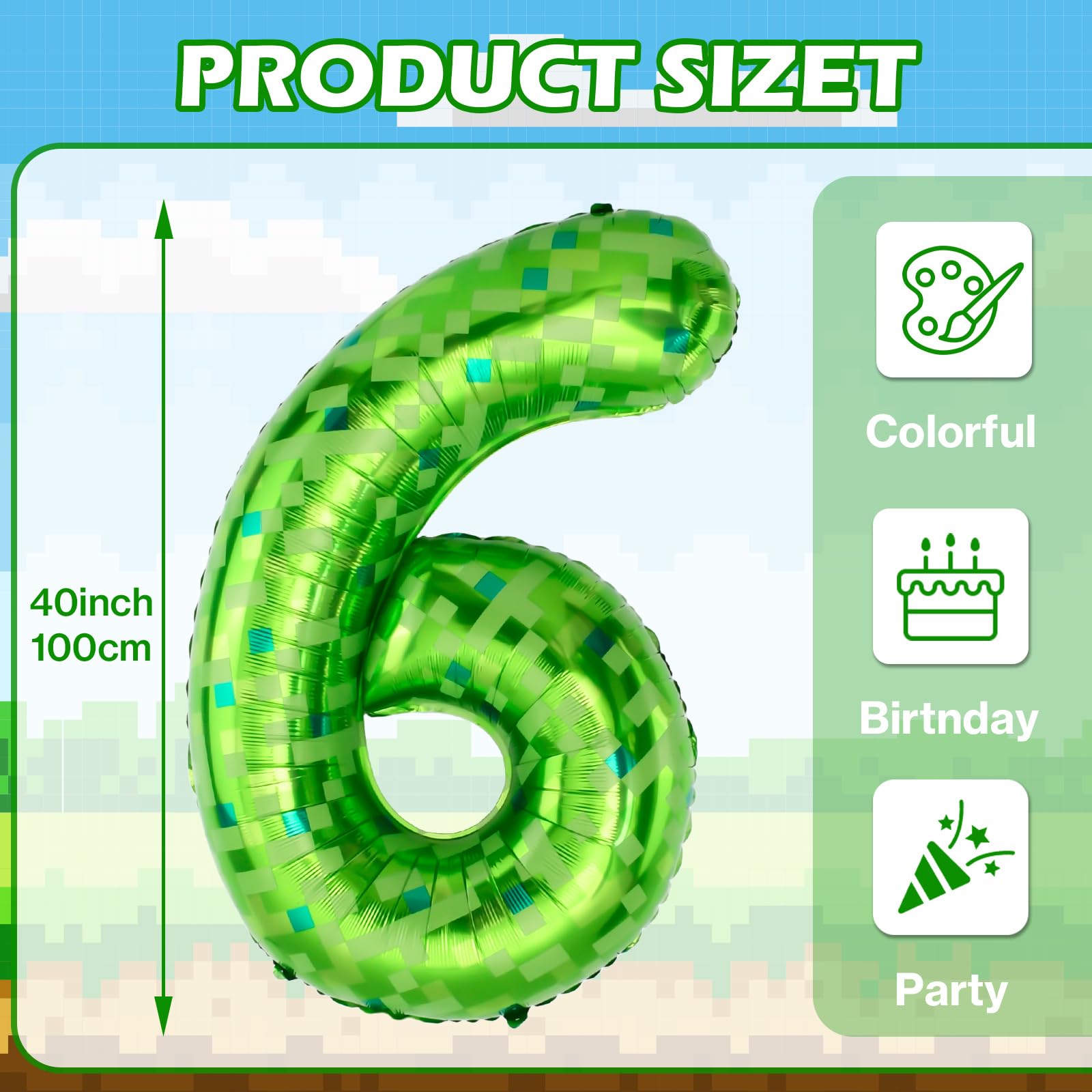 AXBMM 40-Inch Green Pixel Miner Number Balloon 6 – Giant Foil Balloons for Birthdays & Themed Mining Adventures